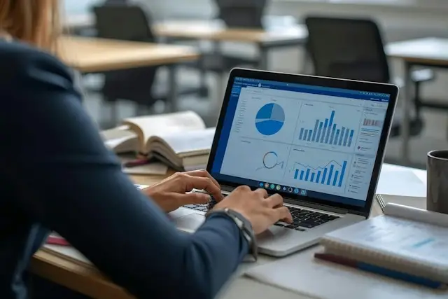 Vlasnica tvrtke pregledava financijske grafikone na laptopu
